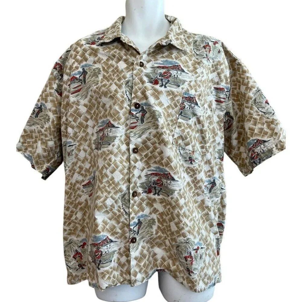 Mens XL Hawaiian Shirt Surfing Diamondhead Island People Beach Swimming Palm Tre